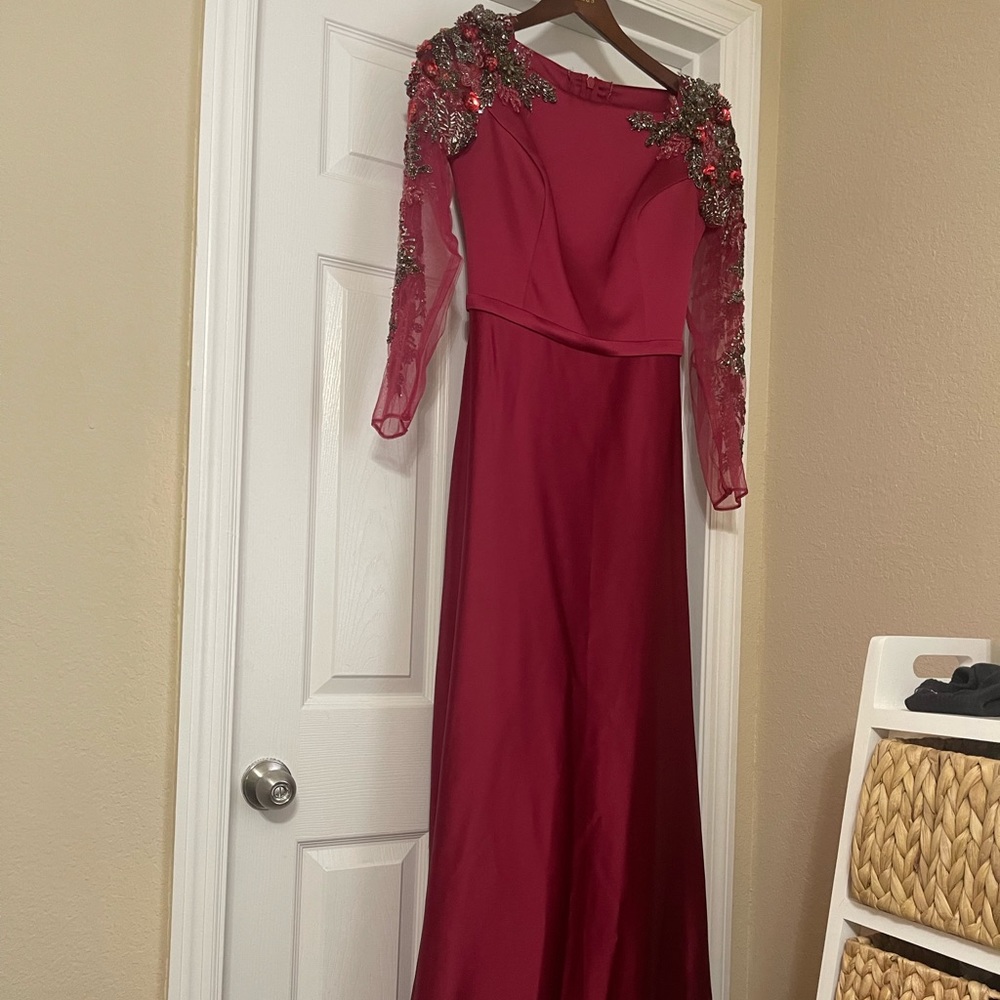 Modest Ruby Satin and Beaded Sleeve Dress (Hijabi Friendly Dress)